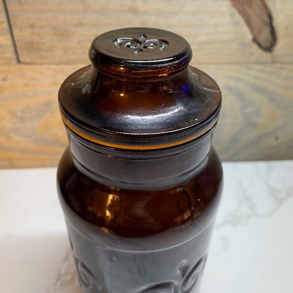 Dark Amber Glass with Lid Fleur-De-Lis Design Borden Apothecary Jar Cremora - Picture 4 of 7